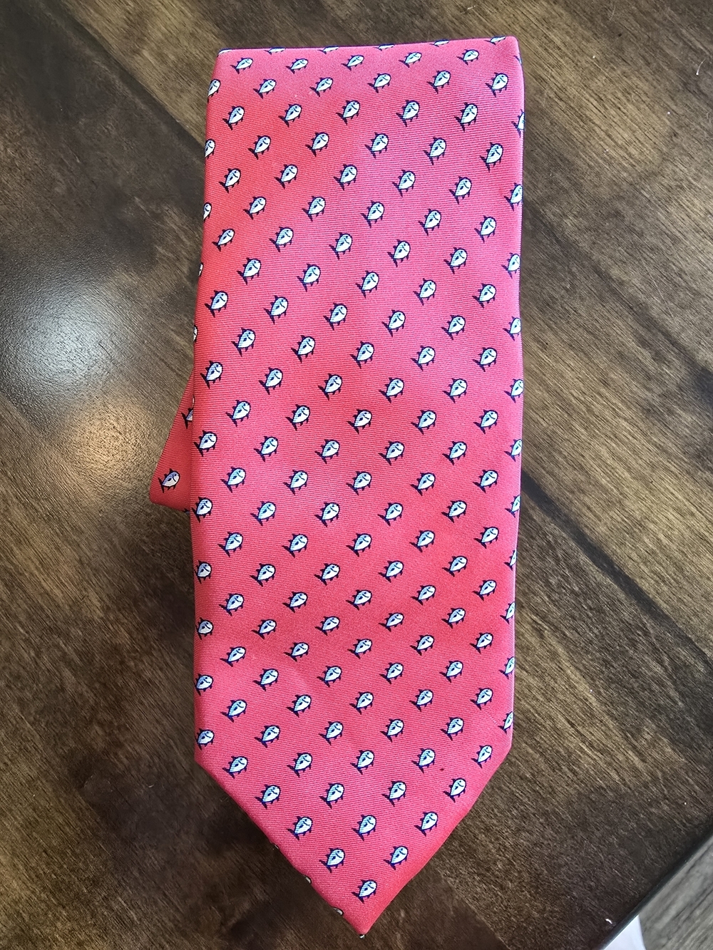 Southern Tide 100% Silk Red Tie with Small Blue & White Fish Motif